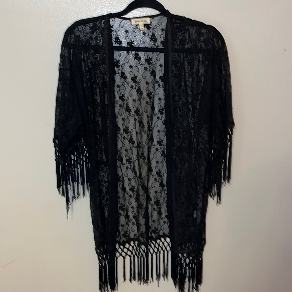 Monteau black lace fringed cardigan